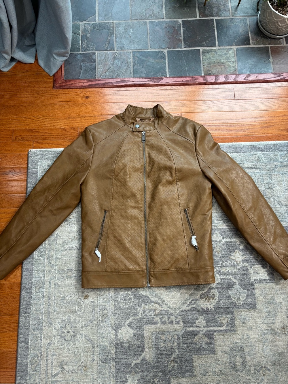 GUESS Brad Braid Biker Jacket Men’s Brown Faux Leather Size S NWT $175